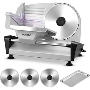FOHERE Affettatrice Elettrica da Casa 250W, 3 Lame in Acciaio Inox con Diametro di 19 cm, Affettatrice Professionale Per Prosciutto, Spessore Regolabile 0-15mm Per Carne Formaggio Pane