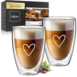 ElbFuchs® Set di tazze caffe vetro [2x 350ml] Bicchieri doppio vetro particolari | Set tazzine caffè termici da Cappuccino, Crema caffe freddo, The, Latte | Idee regalo donna compleanno mamma, amica