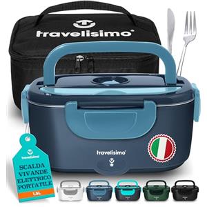 TRAVELISIMO Scaldavivande Elettrico Portatile 100W 1,5L Porta Pranzo Termico 220V/12V/24V Schiscetta Pranzo Riscaldabile per Viaggio e Lavoro Portavivande Termico & Porta Pranzo Riscaldabile