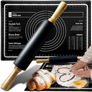 Retoo Set di tappetini da forno in silicone con mattarello, tappetino da 59,5 x 40 cm, manico in legno 38 x 5 cm, tappetino per impasto, fondente, antiscivolo, antiaderente, con misurazione