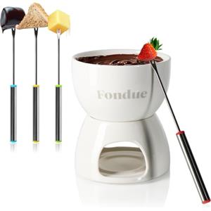 COM-FOUR® Set per fonduta di cioccolato Premium - ciotola in ceramica con portacandela e 4 forchette - crogiolo per cioccolato e formaggio - crogiolo - ciotola per dessert per 4 persone (bianco)