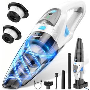 Topipop Aspirabriciole Senza Fili, 25000Pa Aspirapolvere Portatile con Stazione di Ricarica, Filtro HEPA Lavabile e Batteria 8000mAh, Include LED e 3 Spazzole per Casa, Pelo Animali, Auto (Bianco)