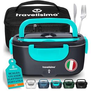 TRAVELISIMO Scaldavivande Elettrico Portatile 100W 1,5L Porta Pranzo Termico 220V/12V/24V Schiscetta Pranzo Riscaldabile per Viaggio e Lavoro Portavivande Termico & Porta Pranzo Riscaldabile