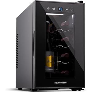 KLARSTEIN Shiraz Cantinetta Vino Nero - 8 Bottiglie, 1 Zona | Frigo Vino a Libera Installazione, Porta in Vetro, Silenziosa, 5-18 °C, LED, Telaio Inox