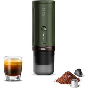 CERA+ CERApresso - Macchina per caffè espresso portatile, 5-8 tazze per carica, autoriscaldante 20 bar, cialde e caffè macinato, macchina da caffè elettrica da viaggio per gite, lavoro, campeggio