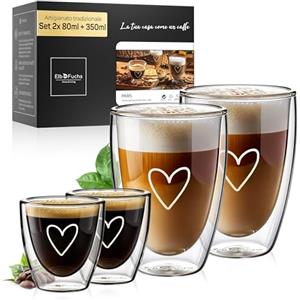 ElbFuchs Set combinato bicchieri da latte macchiato a doppia parete (2x 80 ml + 2x 350 ml) bicchieri termici trasparenti a doppia parete | Tazzine da caffè e tazze da cappuccino