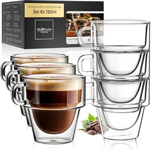 ElbFuchs® Tazze da espresso 6x150 ml impilabili | Bicchieri da caffè a doppia parete con manico | Tazze termiche in vetro ideali per moka ed espresso