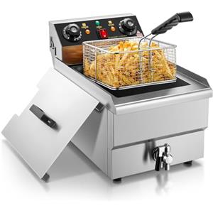 FOHERE Friggitrice Elettrica FOHERE da 11L con Scarico dell'Olio, 3000W Friggitrice Professionale con Cestello e Coperchio, Timer da 60 Minuti, Controllo della Temperatura 60-200 °C, per Ristoranti e Cucine