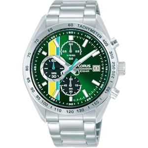 Lorus RM395JX9, orologio da uomo, movimento al quarzo, cassa in acciaio inox, 43 mm, cinturino in pelle, quadrante nero, impermeabile, 10 atm, stile sportivo ed elegante (argento verde)