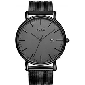 BUREI Minimalist - Orologio da uomo Classy Date Gents con cinturino semplice grande quadrante in acciaio inossidabile, nero nero, Bracciale