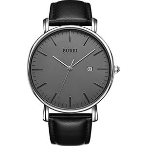 BUREI Ultra Sottile Minimalista Orologio Uomo Calendario Chic Finestra Moderno Semplice Grande Quadrante Cinturino in Pelle, Marrone Argento Bianco, Cinturino, Grigio/Nero, TFV8