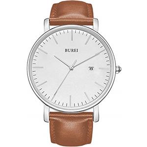 BUREI Ultra Sottile Minimalista Orologio Uomo Calendario Chic Finestra Moderno Semplice Grande Quadrante Cinturino in Pelle, Marrone Argento Bianco, Cinturino, Marrone, argento, bianco, TFV8