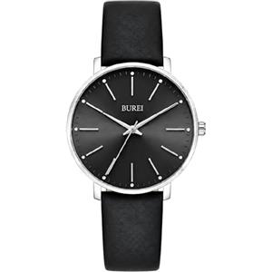 BUREI Orologi da donna moda minimalista analogico in pelle al quarzo impermeabile orologi per le donne, nero/argento, cinghia