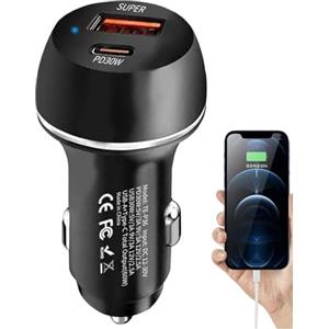 Generic Caricabatteria da auto - Adattatore per caricabatteria da auto a 2 porte - Caricabatterie da auto a ricarica rapida PD Adattatore per caricabatterie da auto USB tipo C da 60 W per telefono cellulare