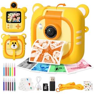 ARNSSIEN Macchina Fotografica Bambini Istantanea e 7 Rotoli Carta (4 Col: O/R/V/B+3 B&N)-2,4"Fotocamera istantanea con 32GB, 180 °Flip Obiettivo, Regalo di Natale e Compleanno per Bambini per 3-12,M2