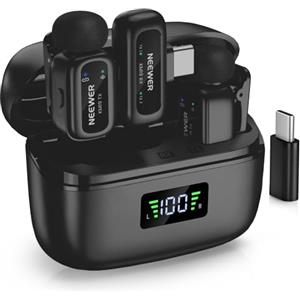 NEEWER KM19 Microfono Wireless a Bavero Leggero, 48kHz/24bit Batteria 30 Ore Anti Rumore 3 Livelli Muto Stereo Portata 100m, Mini Mic Lav con Controllo App, compatibile con iPhone Android Telefono PC