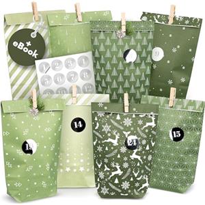 AMARI® Calendario dell'Avvento da riempire Midnight Green - 24 Sacchetti di carta (con chiodi di legno) da realizzare per Natale - Sacchetti di carta con adesivi numerici