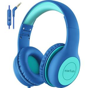 EarFun Cuffie Bambini Cablate con Microfono, 85/94dB Volume Limited, Funzione di Condivisione, Cuffie Over-Ear Pieghevoli e Regolabili con Jack 3.5mm per Scuola/Viaggio, Blu-Verde