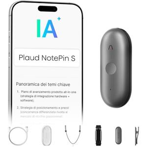 Plaud NotePin S Registratore Vocale AI Pulsante di Registrazione Tattile Audio Digitale Trascrizione Riepilogo Appunti Per Professionisti Riunioni Lezioni con 4 Accessori, Team Plan, Grigio