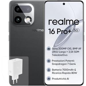 realme 16 Pro+ 5G Smartphone, 8+256GB, Fotocamera 200MP OIS, Obiettivo Ritratto 50MP, Batteria 7000mAh, Display Curvo 6,8" 144Hz, Ricarica 80W, Funzioni AI, Dual SIM, Grigio(con Adattatore)