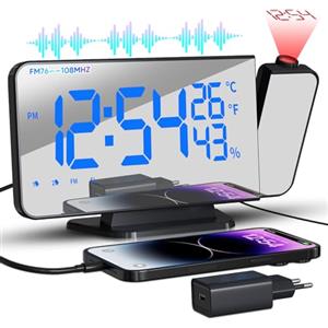 TAKRINK Sveglia con Proiettore 7,5 Pollici Radio Sveglia Digitale da Comodino con Proiettore con Rotazione di 180 ° Luminosità Regolabile con Temperatura Umidità