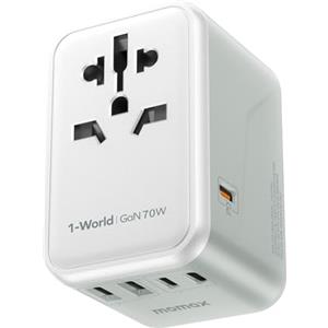 MOMAX Adattatore Universale da Viaggio GaN 70 W, Presa Universale da Viaggio con 3 USB-C e 2 USB-A e 1 AC, Adattatore da Viaggio Italia Inghilterra Germania America Australia e 224+ Paese(Bianco)