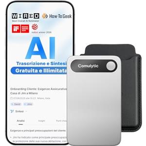 Comulytic Note Pro Registratore Vocale AI con Trascrizione e Riassunti Illimitati, Registratore AI con Controllo tramite App e Custodia, 113 Lingue per Riunioni, Lezioni e Conferenze, Argento