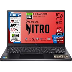 Acer Nitro Notebook Gaming, Cpu Intel Core i9 13900H, Ram 16Gb, SSD 512 Gb, Display 15,6" FHD IPS 180Hz, NVIDIA GeForce RTX 5050 8Gb GDDR7, Tastiera Retroilluminata, Win 11 Pro, Pronto all'uso