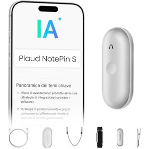 Plaud NotePin S Registratore Vocale AI Pulsante di Registrazione Tattile Audio Digitale Trascrizione Riepilogo Appunti Per Professionisti Riunioni Lezioni con 4 Accessori, Team Plan, Argento