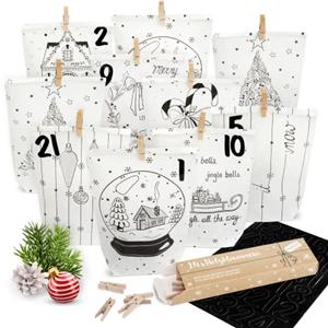 Amari® Calendario dell'Avvento da riempire Standard Weiß - 24 Sacchetti di Carta (con Chiodi di Legno) da Realizzare per Natale - Sacchetti di Carta con Adesivi numerici