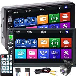 Retoo Autoradio con Bluetooth USB, display touch da 7 pollici, ricevitore multimediale 2 DIN, regolazione della luminosità, lettore multimediale con telecamera posteriore, touch screen, radio per auto