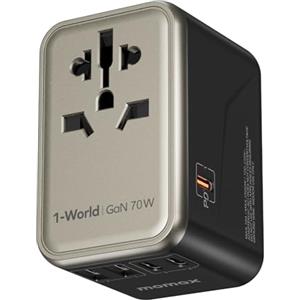 MOMAX Adattatore Universale da Viaggio GaN 70 W, Presa Universale da Viaggio con 3 USB-C e 2 USB-A e 1 AC, Adattatore da Viaggio Italia Inghilterra Germania America Australia e 224+ Paese(Titano)