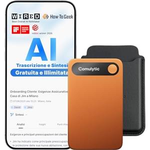 Comulytic Note Pro Registratore Vocale AI con Trascrizione e Riassunti Illimitati, Registratore AI con Controllo tramite App e Custodia, 113 Lingue per Riunioni, Lezioni e Conferenze, Arancione