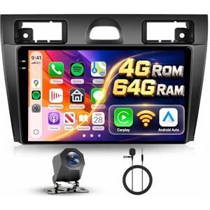 Hodozzy 4G+64G Autoradio per Ford Fiesta Mk5 MK VI 2002-2008 Android 9 Pollici InCell Touch Schermo Carplay Wireless Android Auto, Stereo Auto 2 Din Bluetooth DSP GPS WiFi Radio FM RDS Telecamera