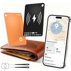 Tukio AirTag Card, Wallet Tracker Card Compatibile Apple Dov'è (solo iOS), Buletooth localizzatore IP68 Resistente, Smart Tag per Valigie, Portafoglio, Borse, Bagagli, Passaporto, Nero-Arancione 2 Pezzi