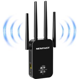 NEWFAST Ripetitore WiFi Potente per Casa, 1200Mbps WiFi Extender Dual Band 2.4GHz/5GHz con 4 Antenne ad Alto Guadagno, Porta Ethernet, WPS, Display Intelligente, Amplificatore WiFi Supporta 3 Modalità