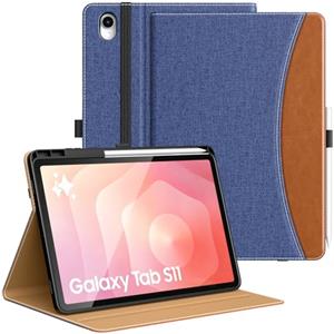 MoKo Cover per Samsung Galaxy Tab S11 2025 11 Pollici con Portapenna, Multi-Angolo Custodia Galaxy Tab S11 5G (SM-X730/SM-X736B) con Cinghia a Mano, Tasca, Auto Sveglia/Sonno, Denim Blu Marrone