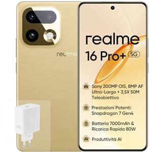 realme 16 Pro+ 5G Smartphone, 8+256GB, Fotocamera 200MP OIS, Obiettivo Ritratto 50MP, Batteria 7000mAh, Display Curvo 6,8" 144Hz, Ricarica 80W, Funzioni AI, Dual SIM, Oro(con Adattatore)