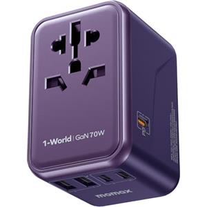 MOMAX Adattatore Universale da Viaggio GaN 70 W, Presa Universale da Viaggio con 3 USB-C e 2 USB-A e 1 AC, Adattatore da Viaggio Italia Inghilterra Germania America Australia e 224+ Paese(Viola)