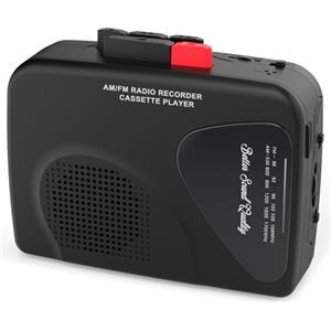 Mersoco Lettore di cassette portatile e registratore di cassette con radio AM/FM, altoparlante integrato, jack per cuffie e clip per cintura (nero)