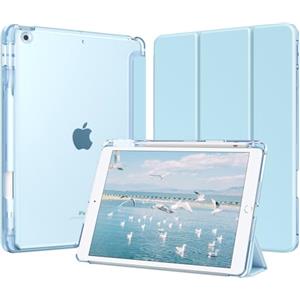 MoKo Cover per iPad 9a/8a/7a Generazione 10,2 Pollici 2021/2020/2019 con Portapenna, Custodia Trifold Sottile e Leggera con Retro in PC Rigido Traslucido, Auto Svegliati/Sonno, Cielo Blu