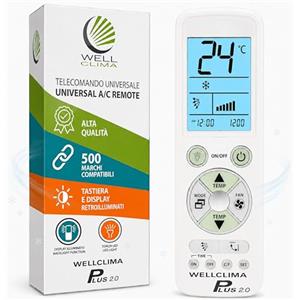 Wellclima Plus 2.0 - Telecomando Universale per Condizionatore con la Maggiore Compatibilità sul Mercato, Tastiera e Display Retroilluminati, Torcia LED, Assistenza Diretta Wellclima