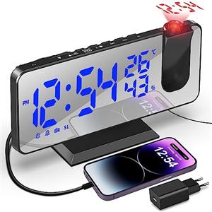 TAKRINK Sveglia con Proiettore da 7,5 Pollici Sveglia Radio Sveglia Digitale da Comodino con Proiettore con Rotazione di 180 ° Luminosità Regolabile con Temperatura Umidità e Uscita USB Ricarica