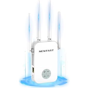 NEWFAST Ripetitore WiFi Potente per Casa, 1200Mbps WiFi Extender Dual Band 2.4GHz/5GHz con 4 Antenne ad Alto Guadagno, Porta Ethernet, WPS, Display Intelligente, Supporta 3 Modalità(Bianco)