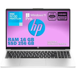HP 250 G10 Notebook portatile, Ram 16GB, SSD 256Gb, Display FullHD 15.6", Cpu Intel N100 4Core fino a 3,4 GHz, tastiera retroilluminata, Win 11 Pro, Garanzia Italiana, pronto All'uso, Italia