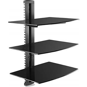 suptek Supporto da Muro Staffa da Parete Scaffale di Vetro Mensola Multimediale per Lettori DVD, Cavo cassette, Giochi console, TV Accessori Con 3 Ripiani Sospeso in Vetro Nero CS303