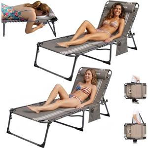 KingCamp 2 Pezzi Lettino Prendisole Pieghevole con Foro per Lettura, Sdraio da Giardino 5 Posizioni Regolabili, Sedia a Sdraio Portatile, Lettino Sole per Spiaggia Terrazza Piscina Campeggio Interno