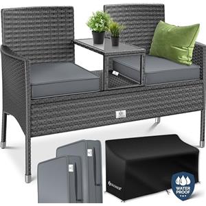 KESSER® Panca da giardino in polyrattan con tavolo integrato + cuscini, 2 posti, 133 × 55 × 84 cm, Panca in rattan, Giardino, Balcone, Divano da giardino - Resistente alle intemperie, Antracite