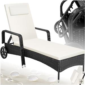 tectake® Lettino Poly Rattan Arredo Esterno Giardino, Sdraio Prendisole, Sdraio da Giardino, Terrazzo, Balcone, Sdraio piscina, Ruote Gommate, Arredo Interno Divano Sedia - Nero/Beige