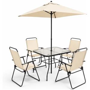 Shally Dogan Set 6 Pezzi da Pranzo per Giardino con Ombrellone, 4 Sedie Pieghevoli e 1 Tavolo con Ripiano in Vetro Temperato, Resistente Raggi UV, Arredamento Esterno, Patio, Terrazzo (Beige)